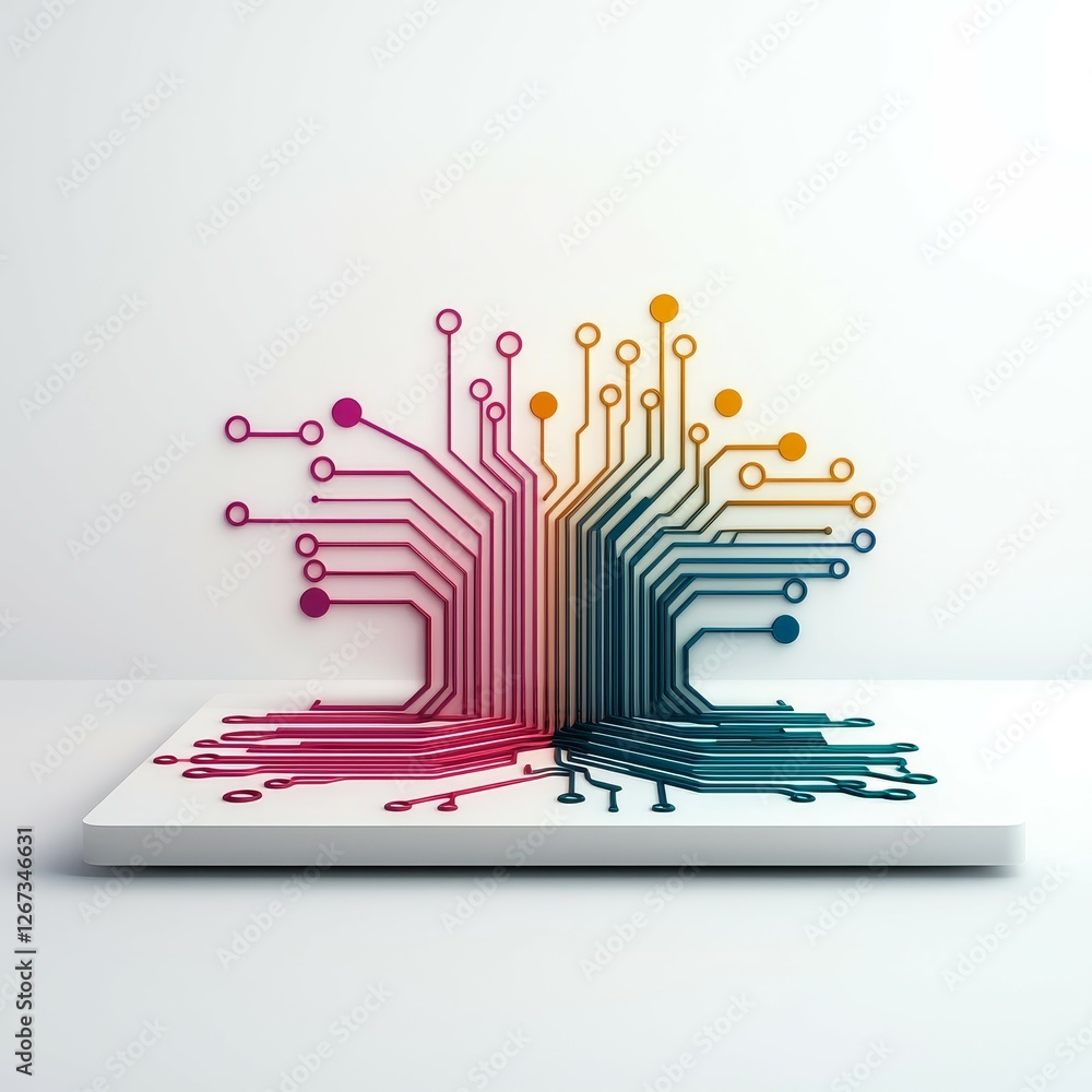 Fototapeta premium circuit board concept. Colorful circuit design emerging from a flat surface, symbolizing technology and innovation.