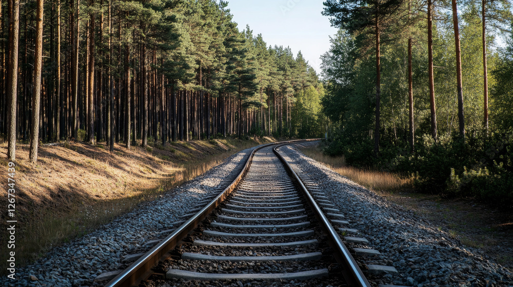 Railroad tracks curve gently through a lush forest, surrounded by tall trees and vibrant greenery. The sunlight filters through the branches, showcasing a tranquil summer setting Railroad tracks curve gently through a lush forest, surrounded by tall trees and vibrant greenery. The sunlight filters through the branches, showcasing a tranquil summer setting