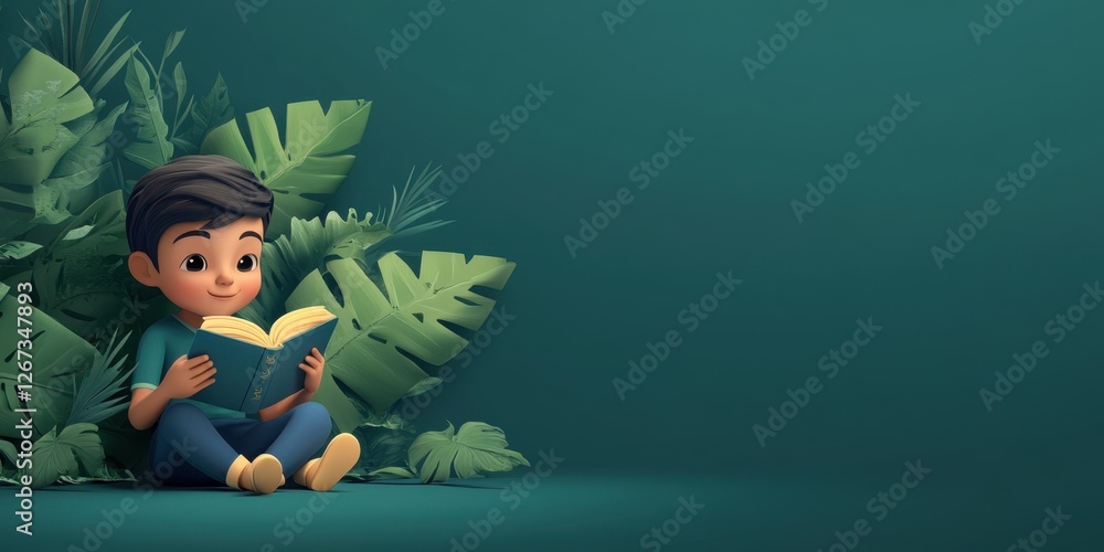 A Young Boy Enjoying a Magical Reading Experience Surrounded by Lush Greenery A Young Boy Enjoying a Magical Reading Experience Surrounded by Lush Greenery