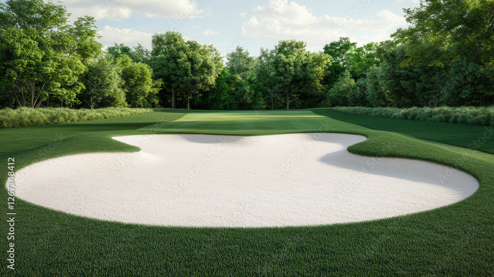 A sandy golf bunker surrounded by lush green grass and trees, set in a tranquil outdoor landscape. A sandy golf bunker surrounded by lush green grass and trees, set in a tranquil outdoor landscape.