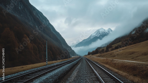 Railway tracks extend through a quiet valley, surrounded by rugged mountains. Soft mist envelops the peaks while autumn foliage covers the landscape, creating a tranquil atmosphere