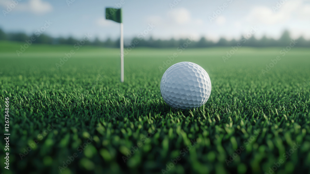 Obraz premium A close-up of a golf ball resting on lush green grass, near a flagstick, capturing the essence of a serene golf course setting.