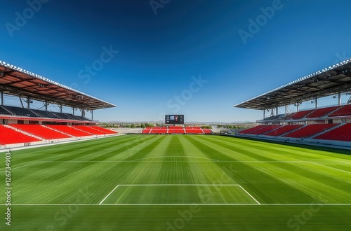 Soccer stadium, sunny day, empty field, clear sky
