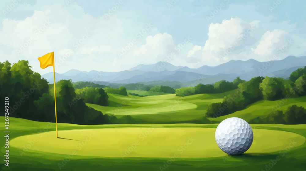 Obraz premium A serene golf course scene featuring a flag, golf ball, and lush green landscape under a clear sky.