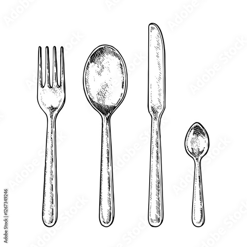Vector illustration of a cutlery set in black and white. Hand drawn sketch of fork, knife, spoon and teaspoon with isolated background. For kitchen and tableware designs with vintage engraving style