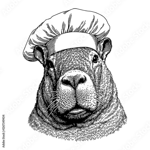 Cute Capybara Wearing Chef's Hat Detailed Black and White Outline Line Art Drawing Portrait