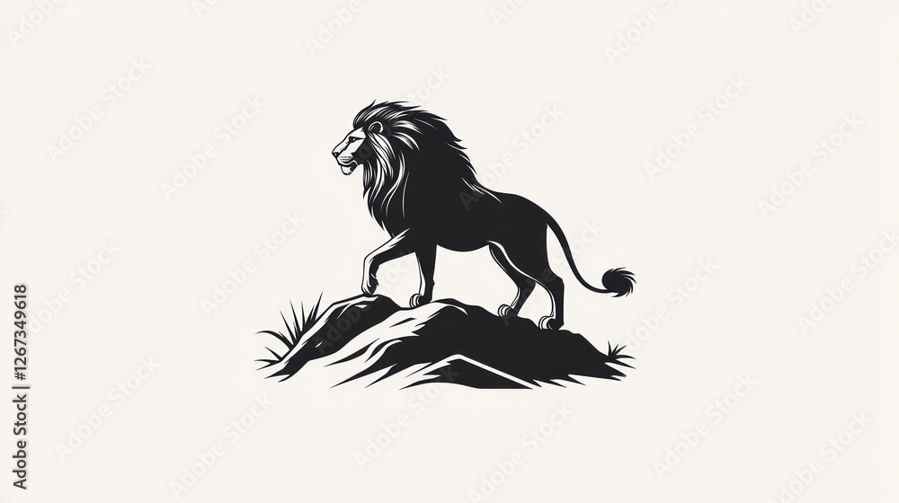 Lion stands on a rock in an open field. For use as a logo, website, book illustration, or design Lion stands on a rock in an open field. For use as a logo, website, book illustration, or design