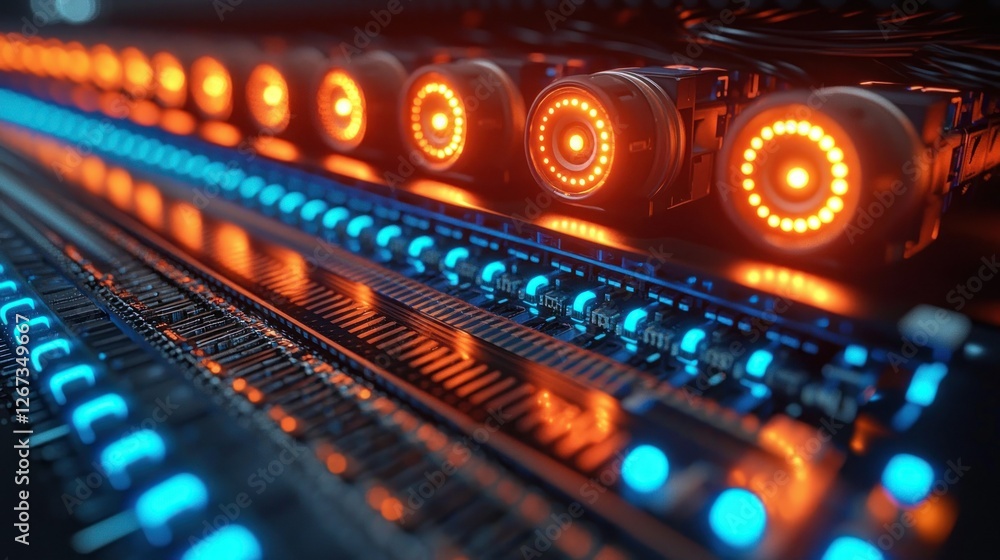 Futuristic server room with glowing lights and complex circuitry for tech backgrounds Futuristic server room with glowing lights and complex circuitry for tech backgrounds