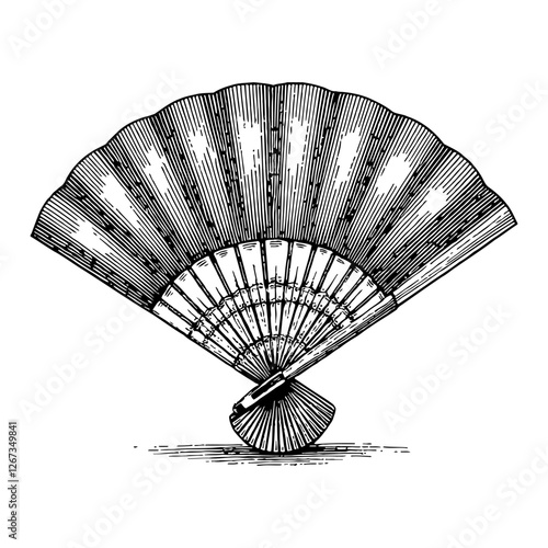Hand Fan in Vintage Style Detailed Black and White Outline Line Art Drawing Illustration