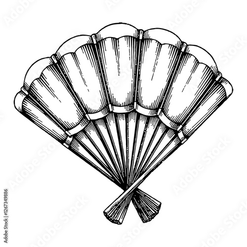 Elegant Hand Fan Detailed Ornament in Black and White Outline Line Art Drawing