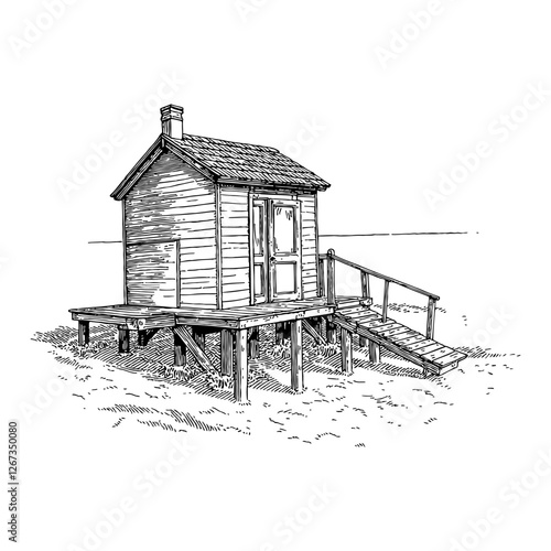 Beach Hut on Stilts Black and White Vintage Style Outline Line Art Drawing Illustration