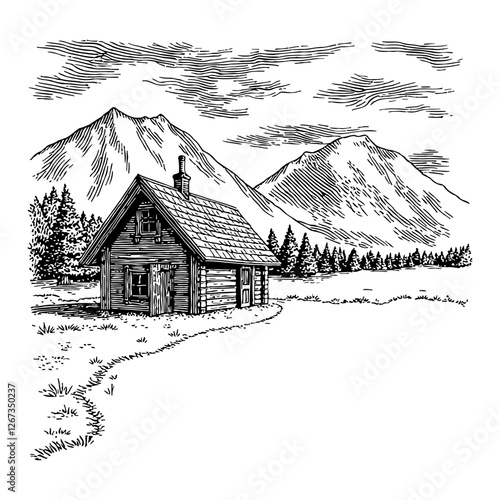 Cabin in Mountainous Landscape Black and White Outline Line Art Drawing Illustration Vector Design