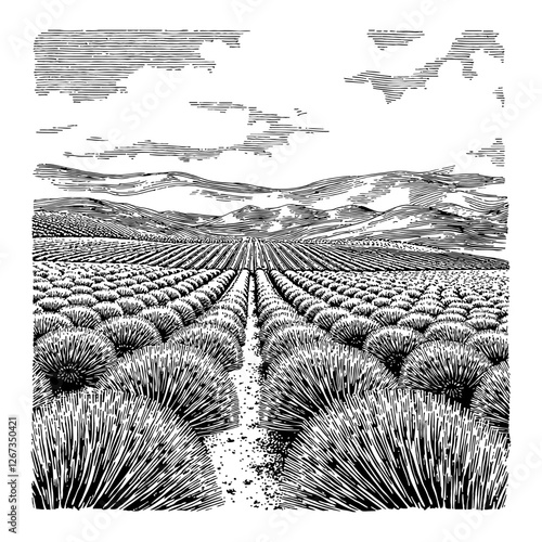 Lavender Field Landscape with Mountain View Black and White Outline Line Art Drawing