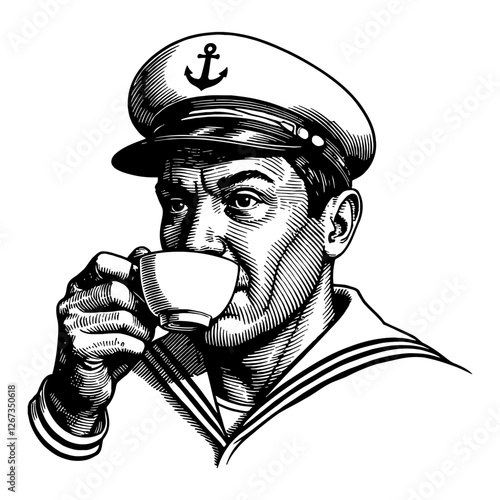 Portrait of Sailor Man with Anchor Logo Hat Drinking Coffee Black and White Outline Line Art Drawing