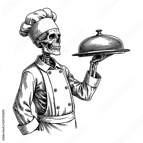 Skeleton Chef Holding Food Tray with Lid Black and White Outline Line Art Drawing