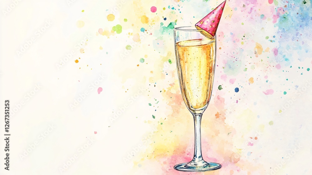 Festive Champagne Flute with Party Hat Watercolor Illustration Festive Champagne Flute with Party Hat Watercolor Illustration