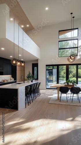 Modern open plan kitchen and dining room boasting hardwood floors and high ceilings