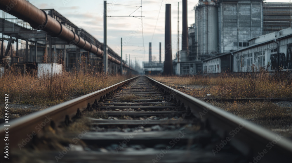 Rail tracks lead through a desolate industrial site during dusk, bordered by tall grass and weathered buildings. The setting evokes a sense of abandonment and nostalgia for a once-bustling area Rail tracks lead through a desolate industrial site during dusk, bordered by tall grass and weathered buildings. The setting evokes a sense of abandonment and nostalgia for a once-bustling area
