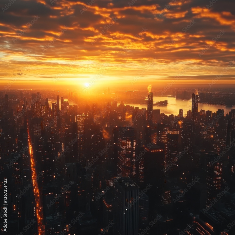 Fototapeta premium A breathtaking aerial view of a city at sunset, golden-orange sky reflecting on skyscrapers, lights slowly turning on, peaceful and cinematic atmosphere