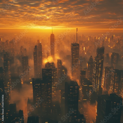 A breathtaking aerial view of a city at sunset, golden-orange sky reflecting on skyscrapers, lights slowly turning on, peaceful and cinematic atmosphere