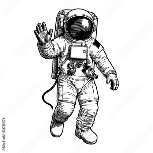 Astronaut in Spacesuit Waving Hand in Black and White Detailed Outline Line Art Drawing