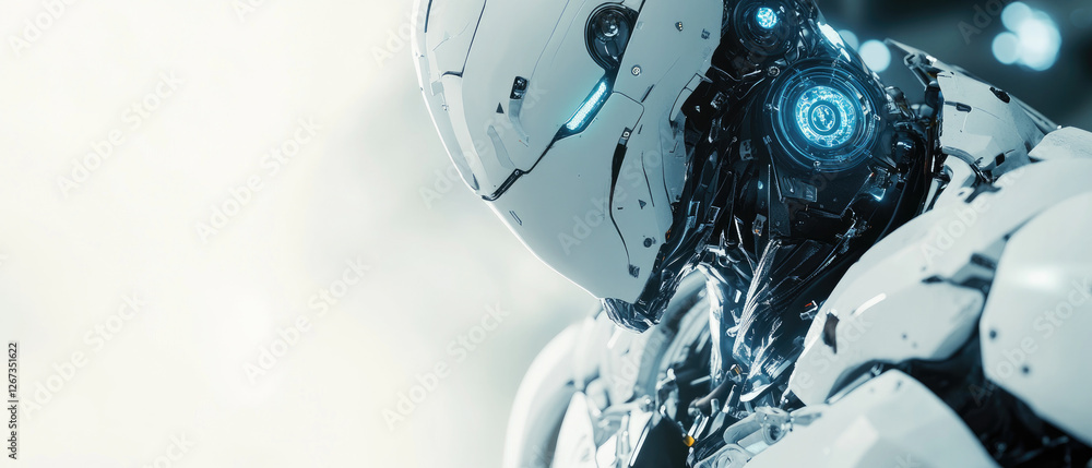 Fototapeta premium Close-Up 3D Rendering of a White Robot head Centered in a Futuristic Space Portal on a White Background