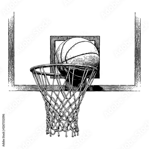 Basketball Going Through Hoop in Black and White Detailed Outline Line Art Drawing