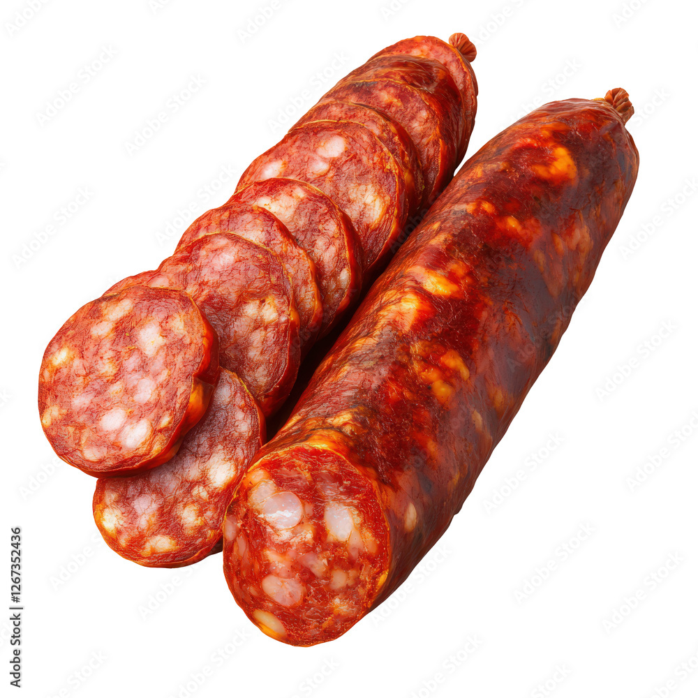 A whole and sliced chorizo sausage Isolated, transparent, background, PNG A whole and sliced chorizo sausage Isolated, transparent, background, PNG