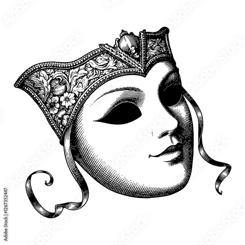 Elegant Venetian Mask with Floral Details Black and White Outline Line Art Drawing