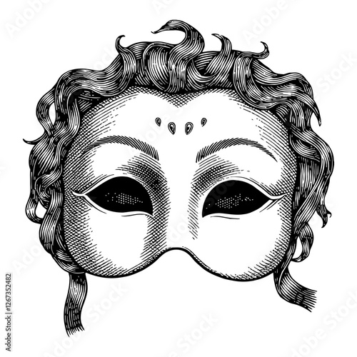 Elegant Blank Venetian Masquerade Mask Black and White Outline Line Art Drawing Illustration