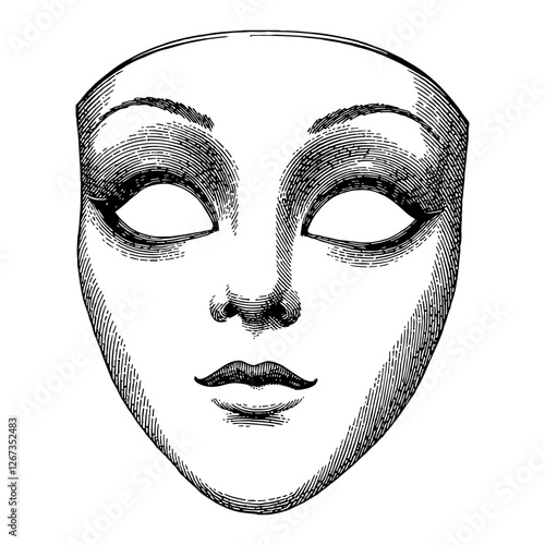 Blank Venetian Mask Simple Front View Black and White Outline Line Art Drawing Engraving