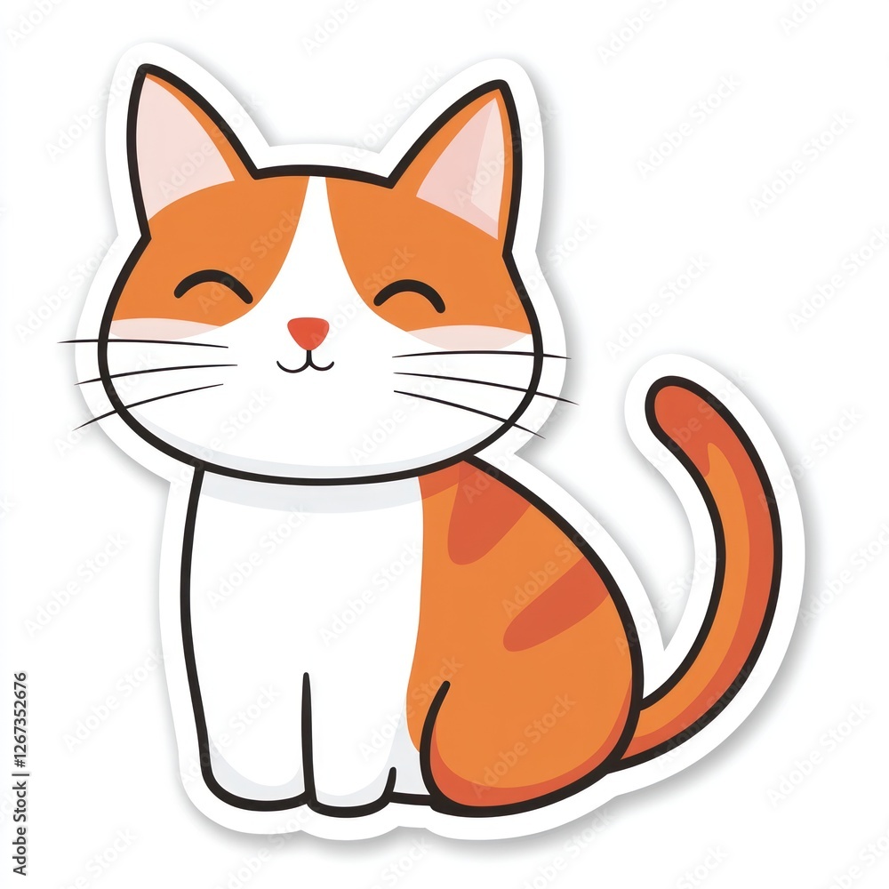 Fototapeta premium Cute orange & white cat sitting, happy expression, simple background, ideal for kids' products