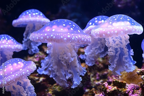 Ethereal jellyfish gracefully drifting through a vibrant underwater landscape, surrounded by coral photo