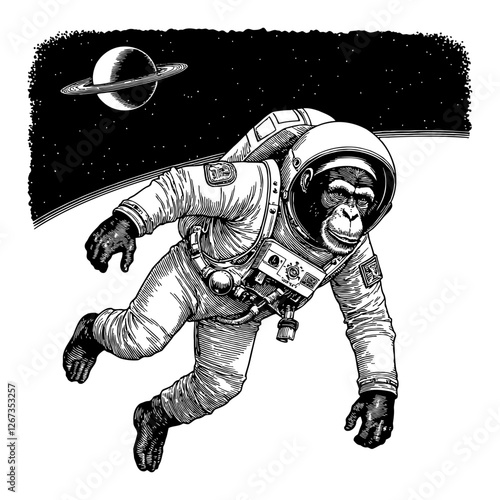 Chimpanzee in Astronaut Suit Floating in Space Black and White Outline Line Art Drawing