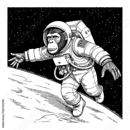 Chimpanzee Astronaut in Space Black and White Outline Line Art Drawing Detailed Illustration