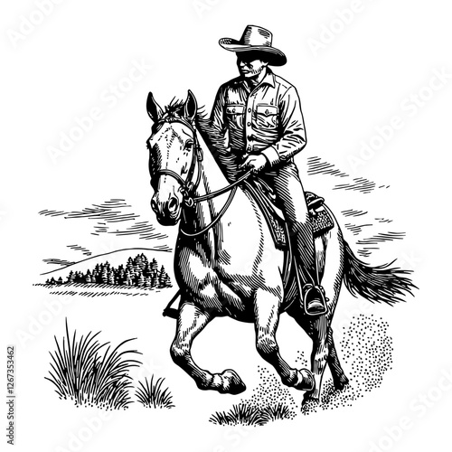 Cowboy Riding Horse in Rodeo Scene Detailed Black and White Outline Line Art Drawing