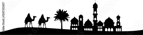 Desert vector illustration featuring a mosque, camels, and date palm trees. Represents Middle Eastern culture, Islamic architecture, travel, and nature in a warm, sandy landscape
