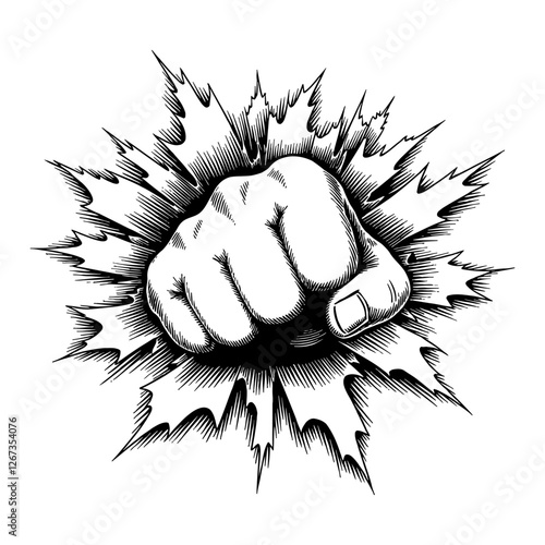 Fist Punch Breaking Through Wall in Detailed Black and White Outline Line Art Drawing Style