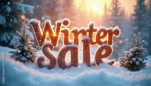 Winter sale promotional display amidst a snowy landscape with pine trees and a sunset backdrop photo