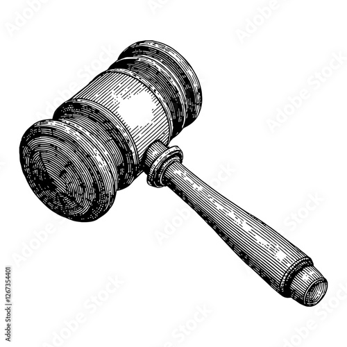 Gavel Or Hammer of Justice in Vintage Style Black and White Outline Line Art Drawing