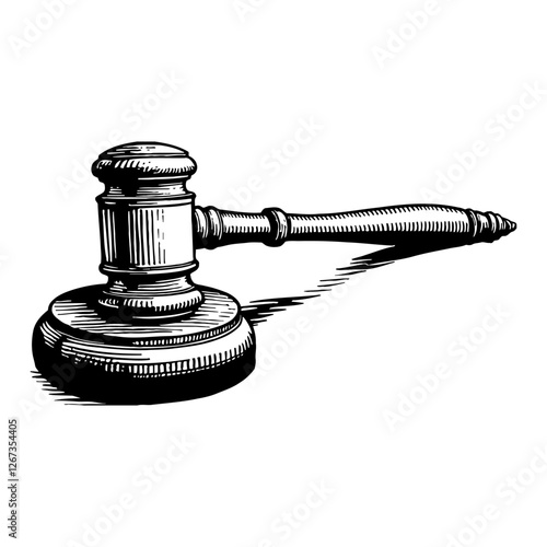 Illustration of Gavel and Block in Detailed Black and White Outline Line Art Drawing Style
