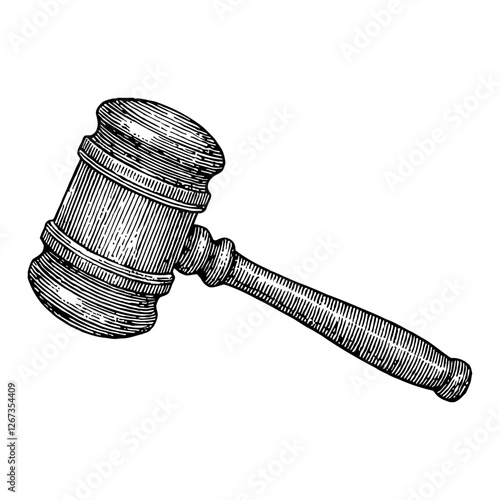 Gavel Woodcut Style Detailed Black and White Outline Line Art Drawing for Legal and Auction