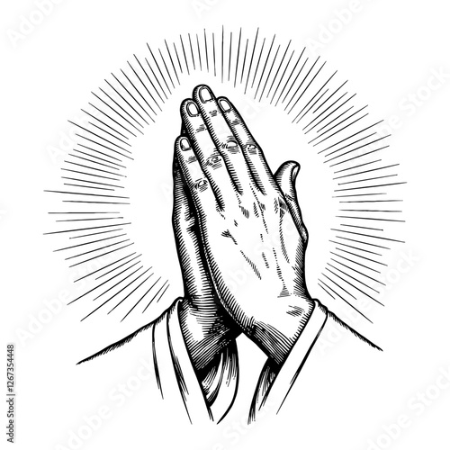 Praying Hands Gesture with Shining Sunburst Effect Black and White Outline Line Art Drawing