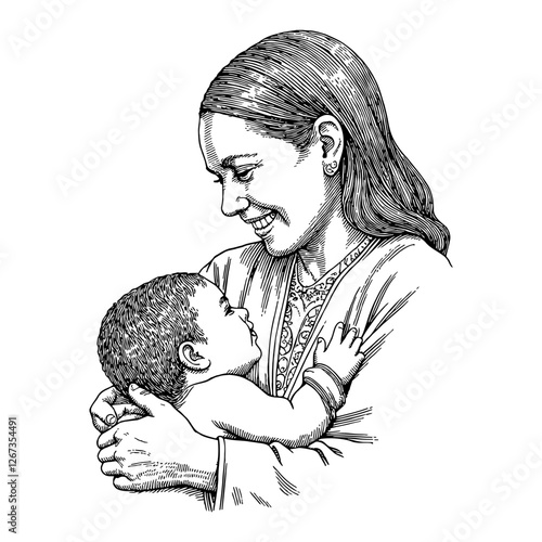 Happy Native Mother Holds Child Closely Black and White Outline Line Art Drawing Illustration