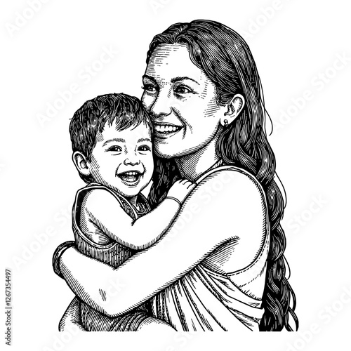 Happy Mother Holding Her Child Closely in Native Traditional Style Black and White Outline Line Art Drawing