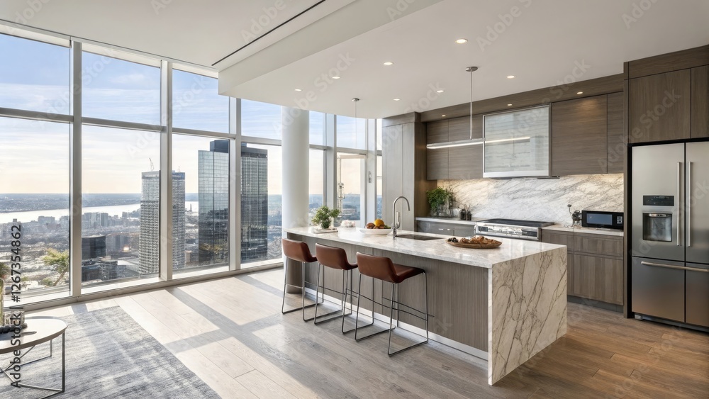 Contemporary Modern Kitchen with Stunning City View and Ample Natural Light in Luxury Apartment Contemporary Modern Kitchen with Stunning City View and Ample Natural Light in Luxury Apartment
