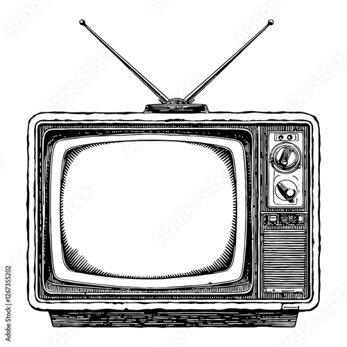 Retro Television with Antenna Detailed Vintage Black and White Outline Line Art Drawing