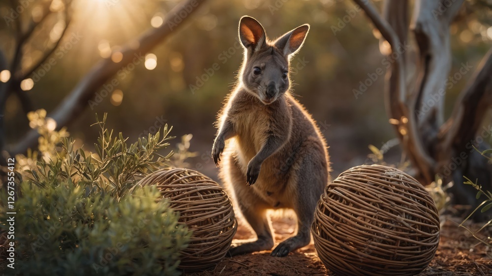 A kangaroo stands beside woven spheres in a sunlit, natural setting. A kangaroo stands beside woven spheres in a sunlit, natural setting.
