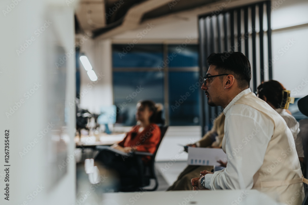 A diverse group of colleagues focusing intently on a project in a modern office environment at night. The team appears to be brainstorming and collaborating to meet a deadline.