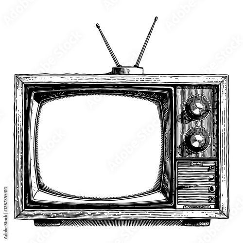 Retro Vintage Television with Antenna Black and White Outline Line Art Drawing Style